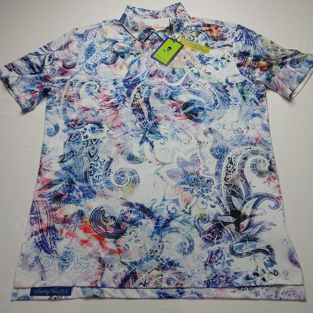 New Robert Graham Clubhouse Golf Polo Shirt Medium  UV Moisture‎ Wicking